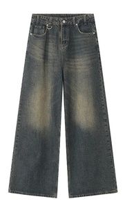 Pantalones de mezclilla vintage para hombre con efecto lavado y detalles de cuero, corte ajustado casual - Product Image 6