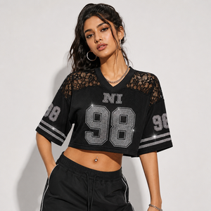Premium Sparkly <b>Cropped</b> Mesh Varsity Custom <b>Rhinestone</b> Letter Football Jersey Drop Shoulder Women Streetwear <b>Top</b> - Product Image 1