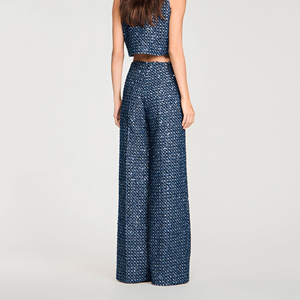 High Waist Straight Leg <b>Wool</b> Nylon Trousers Smart Casual Autumn Woven Midweight Elastic Waist Flat Front Blue - Product Image 3