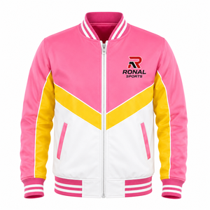 RONAL SPORTS <b>Men's</b> Color Blocking Varsity <b>Jacket</b> Pink Yellow <b>White</b> Zipper Front Sporty Style Turn-down Collar Regular Fit - Product Image 1