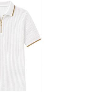 Polo en maille blanc pour homme avec fermeture éclair dorée, manches courtes, haut décontracté de luxe pour l'été, tissu texturé, chemise de golf personnalisée par un designer, OEM - Product Image 4