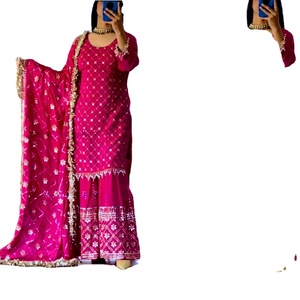 Designer Women's Party Wedding Wear Georgette Silk <b>Top</b>-Plazzo Dupatta Set <b>Sequins</b> Embroidery Quick Dry Salwar Kameez Customized - Product Image 1