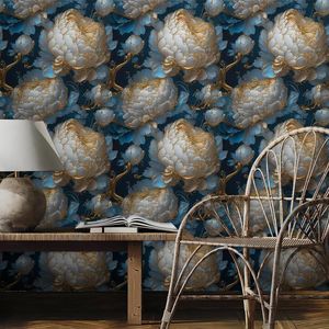 Grand papier peint floral vintage autocollant bleu marine foncé avec pivoines dorées et blanches, application facile, papier contact, décoration murale - Product Image 3