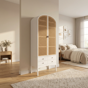 Modern Rattan Armoire With White Frame And Drawers Storage <b>Cabinet</b> Scandinavian Style Living Room Furniture - Product Image 5