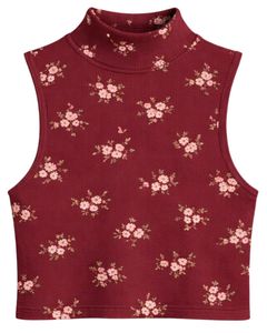 Débardeur court côtelé rouge personnalisé à col montant sans manches avec petit imprimé floral pour femme, coupe ajustée extensible, décontracté, tendance été - Product Image 1