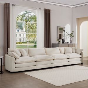 Divano Moderno a 4 Posti in Tessuto Imbottito, Corduroy Beige Chiaro con Comodi Cuscini per Schienale e Seduta, per Soggiorno - Product Image 2