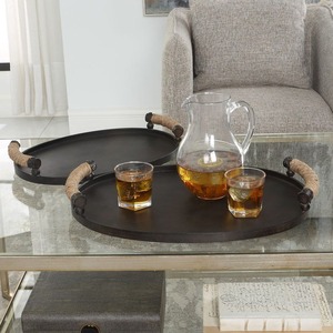 Juego de 2 bandejas decorativas ovaladas de metal con asas de cuerda, estilo industrial antiguo. - Product Image 4