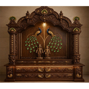 Armoire d'autel en bois de style traditionnel pour la maison, grande taille, en teck sculpté à la main, style hindou, temple Puja, Californie - Product Image 3