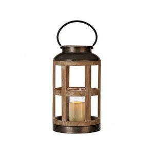 Lanterne cylindrique rustique en bois naturel avec un dessus et une base en métal bronze vieilli et une insert en verre transparent. - Product Image 1