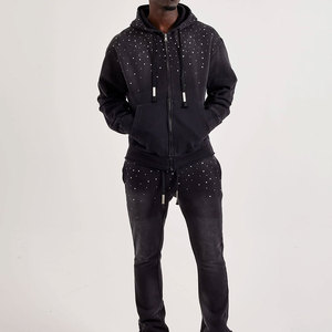 Vente en gros de sweats à capuche pour hommes personnalisés, épais, à fermeture éclair, avec patch brodé, impression sérigraphique, LOGO, strass et effet délavé à l'acide - Product Image 2
