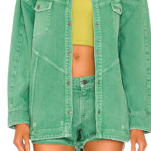 Chemise-veste en jean vert pour femme, manches longues, col rabattu, style utilitaire, respirante, longueur intégrale, poche plaquée en coton, idéale pour l'été - Product Image 6