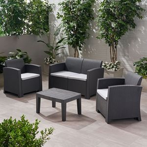Set di Chat da esterno in finto vimini in Rattan in 4 pezzi con cuscini resistenti all'acqua disponibili in carbone/grigio chiaro - Product Image 4
