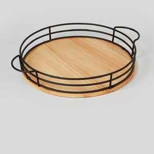 Luxury round decorative <b>serving</b> <b>tray</b> with handles <b>gold</b> rim leaf printed <b>tray</b> living room home use - Product Image 6