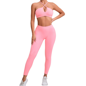 Ensemble de sport deux pièces pour femme : Soutien-gorge de sport à col en V et dos croisé, et Legging taille haute respirant en Spandex/Nylon pour Yoga, Fitness, Course à pied, avec logo uni - Product Image 6