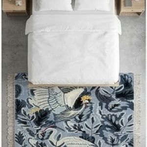 Tapis rectangulaire tendance en laine mélangée, tufté à la main, motif grue bleu-gris et floral, antidérapant, style bohème, pour salon, en vente - Product Image 6