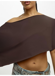 Custom Fashion Women's <b>One</b> Shoulder Asymmetric Crop <b>Top</b> Solid Color Loose Fit Three Quarter Sleeve Polyester Woven Summer Style - Product Image 3