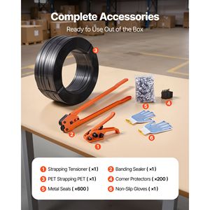 Kit Sigillatore Manuale per Imballaggi Pesanti con 600 Sigilli Metallici, 200 Protezioni Angolari e 2000 ft di Nastro in PET (Materiale PP/PA) - Product Image 2