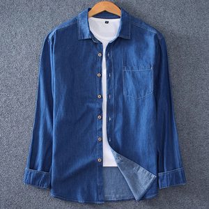 Camisa de Mezclilla para Hombre, Manga Larga, Color Sólido, Cuello Clásico, con Bolsillo, Corte Regular, Transpirable, Material de Algodón - Product Image 4