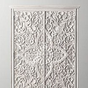 Luxury Handcrafted Solid Wood 2 Door <b>Wardrobe</b> Ornate Floral Carving Distressed White Finish Armoire - Product Image 5