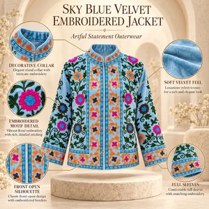 Veste en velours bleu ciel brodée de fleurs pour femmes |   Vêtement d'extérieur bohème avec manches longues, col décoratif et couleur - Product Image 5