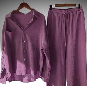 Women's Solid Linen 2-Piece Set Long Shirt & Wide Leg <b>Pants</b> Loose Fit Casual Spring Summer Breathable Turn-<b>Down</b> Collar - Product Image 2