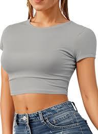 Ropa deportiva de entrenamiento, camiseta corta ajustada para mujer, manga corta, cuello redondo, tela transpirable de secado rápido, moderna, informal y a la moda. - Product Image 3