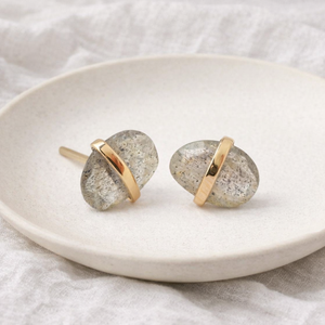 Natural Labradorite <b>Stud</b> Earring Gold Plated Center Bezel Oval Faceted Gemstone Minimalist Handmade Jewelry Gift for Women - Product Image 1