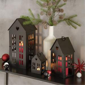 Antique Galvanized Metal House Candle Holder <b>Set</b> Rustic Iron Tea Light <b>Lantern</b> for Farmhouse Christmas Village Home Decoration - Product Image 6