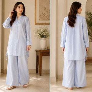 Conjunto de 2 Piezas Premium para Mujer, Camisa de Manga Larga con Pantalón Palazzo de Pierna Ancha, Ropa Casual de Verano - Product Image 2