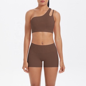 One shoulder yoga set High waist shorts yoga Seamless crop top set Solid color activewear 2 piece yoga outfit - Product Image 1