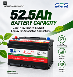 Batterie LiFePO4 liquide SES 12,8V 50Ah 52,5Ah 672Wh pour automobile, 3000 cycles, puce intégrée, stockage d'énergie, 0~60°C, 6KG, 200x240x540mm - Product Image 1