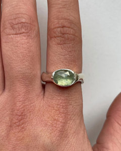 Natural Green Stone <b>Brass</b> <b>Ring</b> Oval Shape Silver Plated Minimalist Gemstone <b>Ring</b> Vintage Style Jewelry for Women - Product Image 1