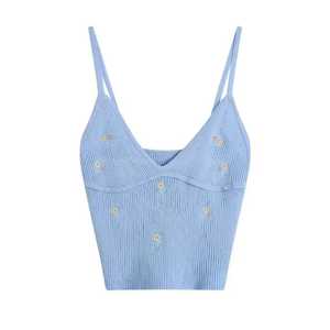 Women's Knitted V-Neck Embroidered Crop Top Casual Solid Color Spandex Cotton <b>Sleeveless</b> Vest Outer Wear - Product Image 2