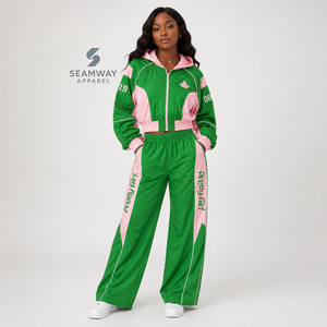 Alpha | Kapa | Alpha Nylon Windbreaker <b>Set</b> AKA Green And Pink Athletic Loose Fit Track Suit Women's Color-Block Joggers <b>Set</b> - Product Image 5