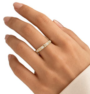 แหวนแต่งงานแบบซ้อนได้ วินเทจ ลายมิลเกรน ทองคำแท้ 14K ประดับเพชรทรงบาแกตต์และทรงกลม แหวนเพชรเพาะเลี้ยงสำหรับวันครบรอบ - Product Image 6