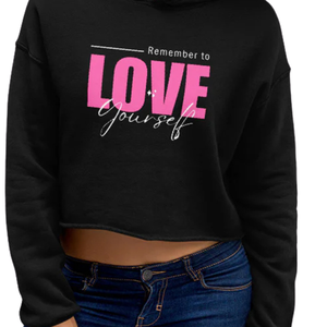 Sweat à capuche court noir pour femme Love Yourself, pull à capuche court en molleton doux, haut décontracté et tendance pour tous les jours - Product Image 3