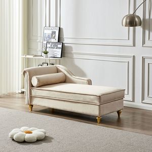 Chaise longue moderne en velours beige avec rangement, accessoire décoratif élégant - Product Image 1