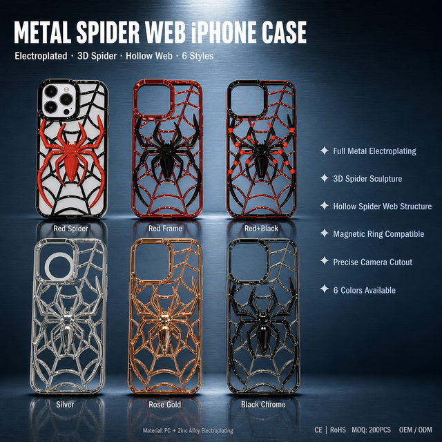 Metallic Plated Spider Web Phone Case Coque Hulle for IPhone 15 Pro Max 11 12 13 14 16 17 18 Lightweight Heat Dissipation