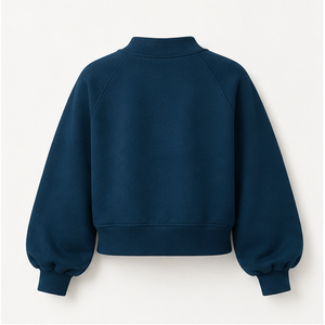 Custom Dark Teal Womens Cropped Mock Neck Sweatshirt <b>Balloon</b> Sleeve Ribbed Hem Casual Pullover WSS-0026 - Product Image 4