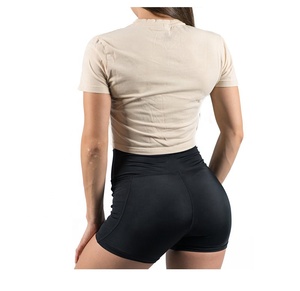 เสื้อยืดเอวลอยสำหรับผู้หญิง,เสื้อยืดสีพื้นคอกลมพิมพ์ลายแบบกำหนดเองเซ็กซี่ - Product Image 4