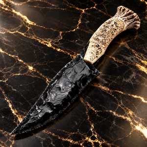 Couteau artisanal en obsidienne noire avec manche sculpté en bois de cerf – Poignard en pierre primitif - Product Image 3