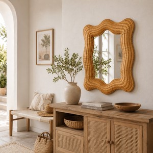 Handmade Scalloped Rattan Wall <b>Mirror</b> Irregular Shape Bohemian Decorative Rattan <b>Mirror</b> Natural Finish Home Decor from Vietnam - Product Image 3
