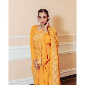 Blusa de sari de chifón pesado, talla única, con estampado de Gotta, hermosa y elegante, para novias, ideal para Haldi. - Product Image 1