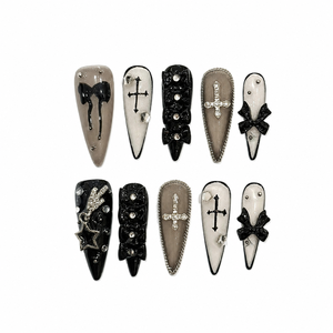 Oblong Noir Blanc Gris Acrylique Gothique Lolita Design Doigt Serment en Rubans - Product Image 1