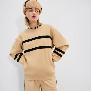 Sudadera Oversize de Cuello Redondo para Mujer, Beige y Negro a Rayas, Tejida, Manga Larga, Ropa Casual de Otoño - Product Image 1