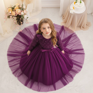 Elegante Vestido de Princesa Morado de Terciopelo con Lentejuelas Bordadas y Cuello en V para Niñas, Vestido de Fiesta, Venta al Por Mayor, OEM, ODM - Product Image 4