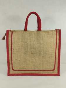 Natural Jute <b>Tote</b> Shopping <b>Bag</b> Red Fabric Trim Rope Handles <b>Zipper</b> Closure-Reusable Eco-Friendly Wedding Exhibition Grocery <b>Bag</b> - Product Image 1