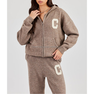 Wholesale Women's Vintage Style Fuzzy Breathable Knit Two-Piece Set with Hooded Collar Zipper Cardigan and Jogger Pants - Product Image 3
