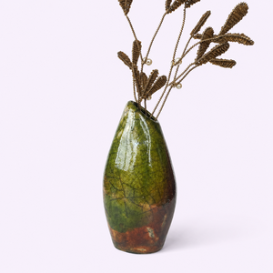 Vase de table minimaliste en céramique Raku fait main, écologique, cuit à haute température, vert-brun, décoration intérieure - Product Image 1