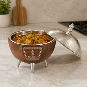 Luxury Wooden Insulated Casserole with Hammered Stainless Steel Lid | Premium Hot <b>Food</b> <b>Server</b> Elegant Kitchen Dining Storage - Product Image 3